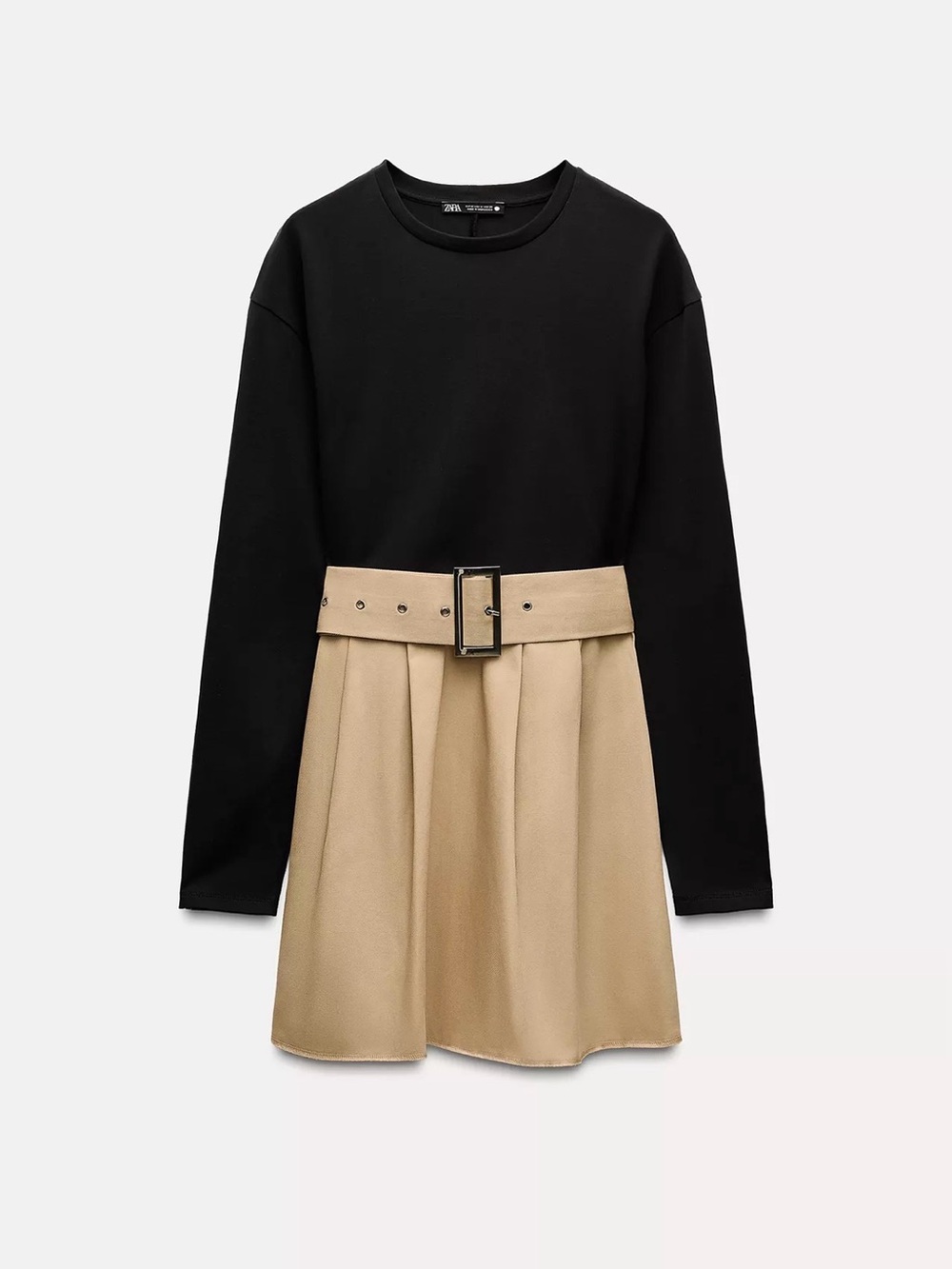 NWT Zara Black and Beige Belted Combination Skirt Dress